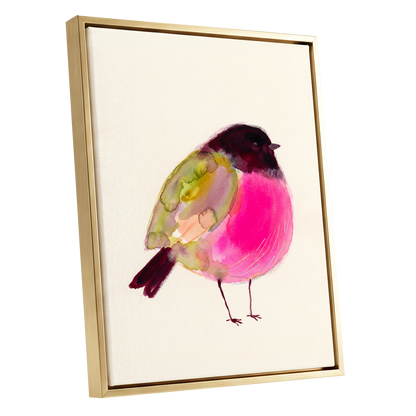 Fuchsia Garden Bird, pink, purple, green nature wall art shown as a gold framed canvas wall art