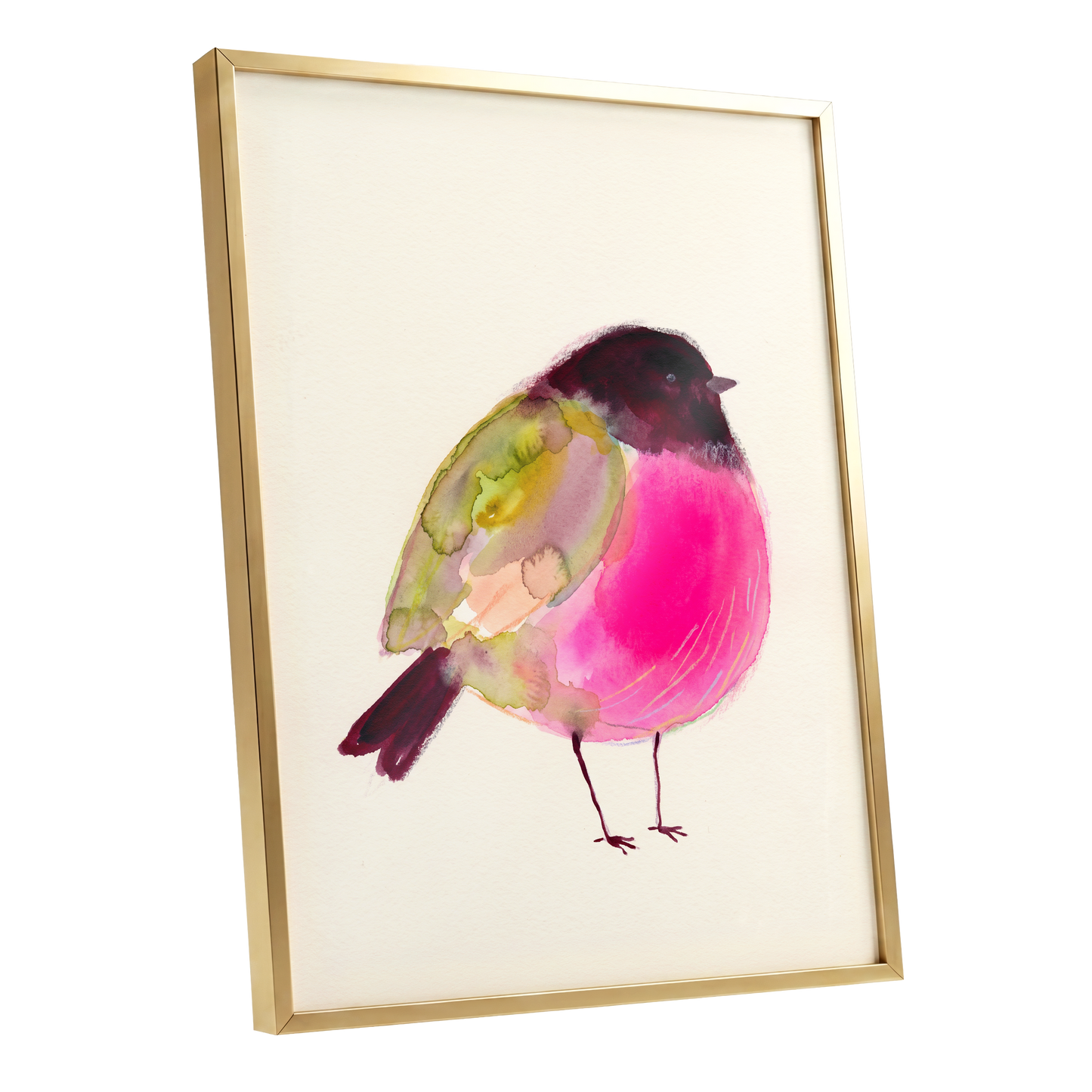 Fuchsia Garden Bird, pink, purple, green nature wall art shown as a gold framed poster wall art print