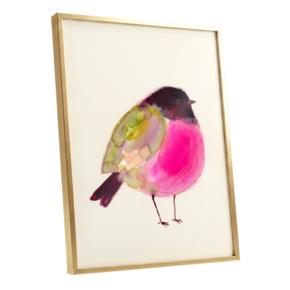 Fuchsia Garden Bird, pink, purple, green nature wall art shown as a gold framed poster wall art print