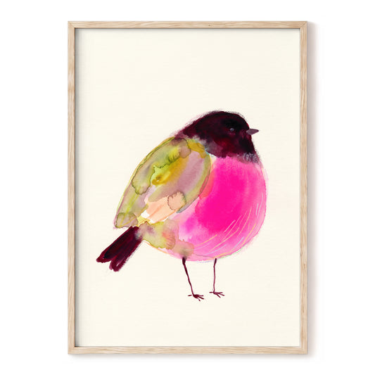 Fuchsia Garden Bird, pink, purple, green nature wall art, front artwork view
