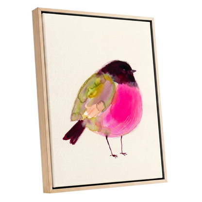 Fuchsia Garden Bird, pink, purple, green nature wall art shown as a oak framed canvas wall art