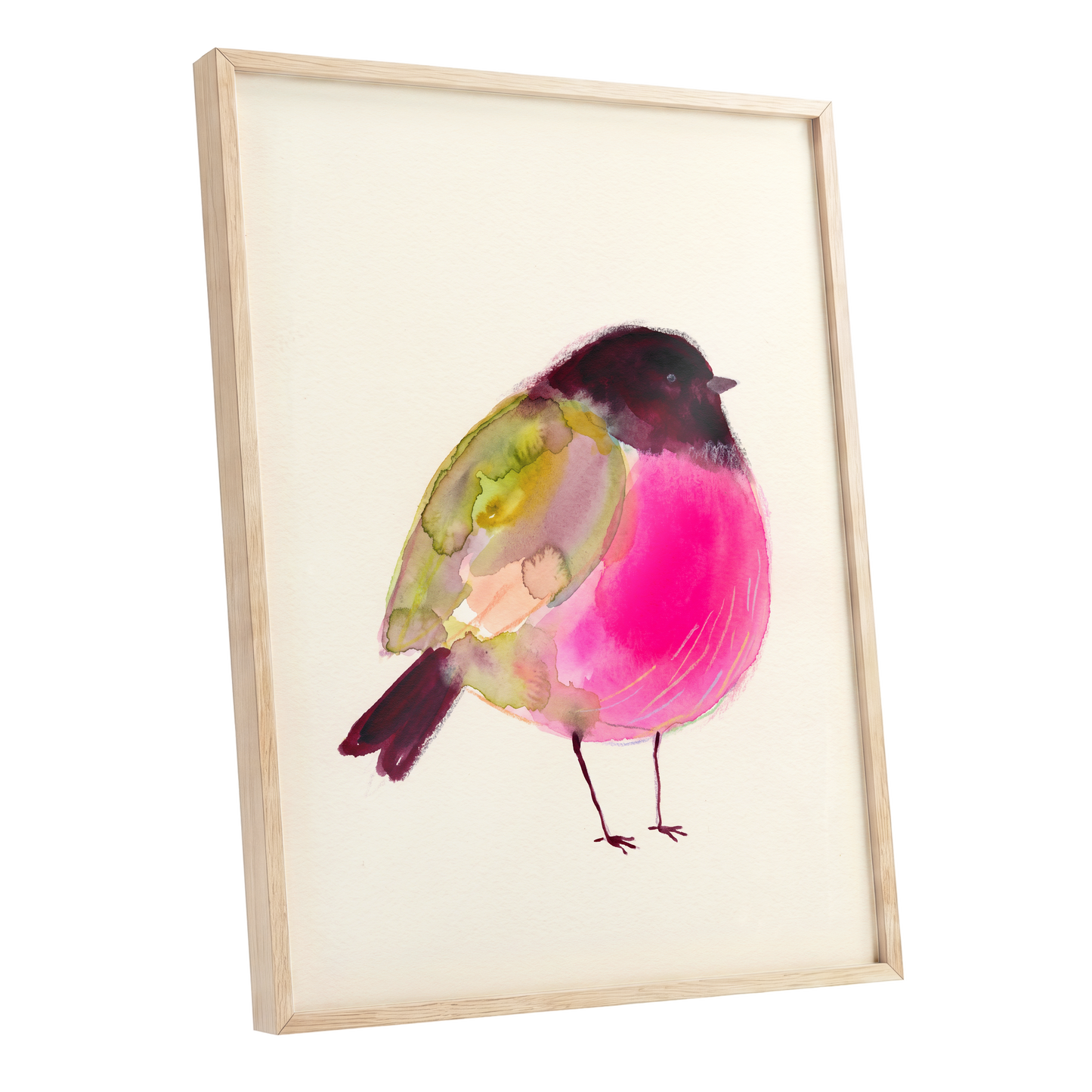 Fuchsia Garden Bird, pink, purple, green nature wall art shown as a oak framed poster wall art print