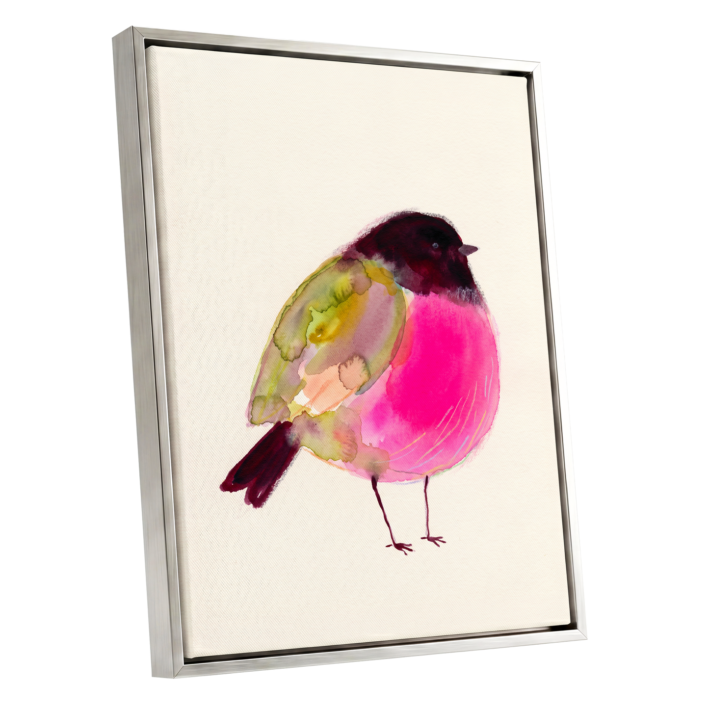 Fuchsia Garden Bird, pink, purple, green nature wall art shown as a silver framed canvas wall art