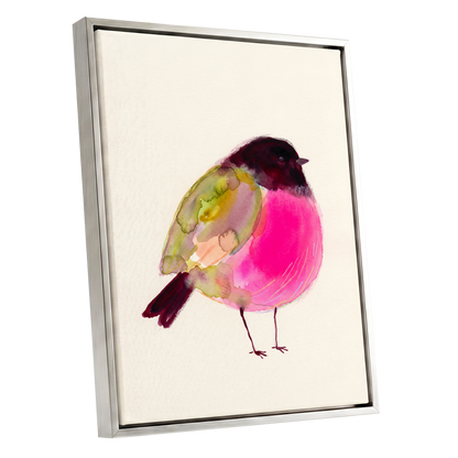 Fuchsia Garden Bird, pink, purple, green nature wall art shown as a silver framed canvas wall art
