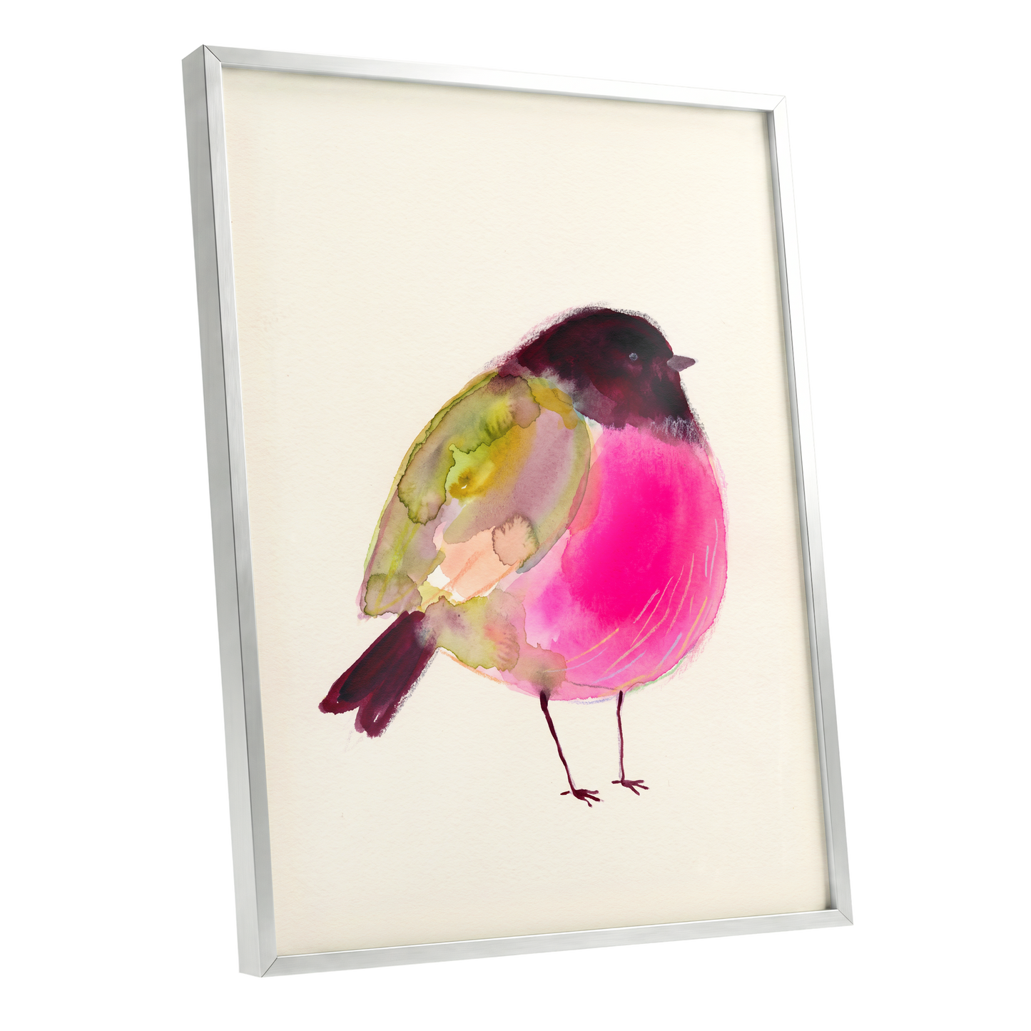 Fuchsia Garden Bird, pink, purple, green nature wall art shown as a silver framed poster wall art print