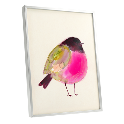 Fuchsia Garden Bird, pink, purple, green nature wall art shown as a silver framed poster wall art print