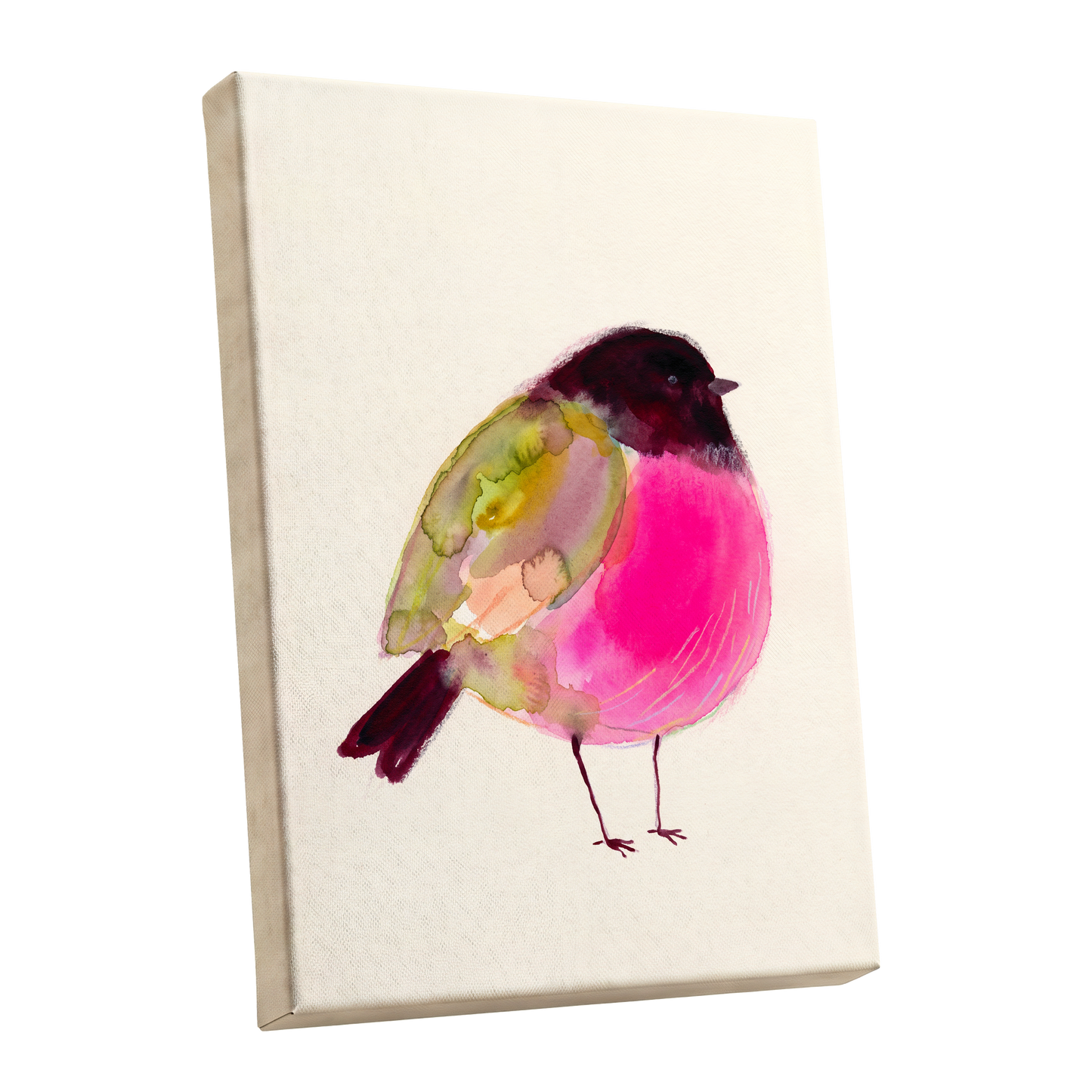 Fuchsia Garden Bird, pink, purple, green nature wall art shown as a stretched canvas wall art