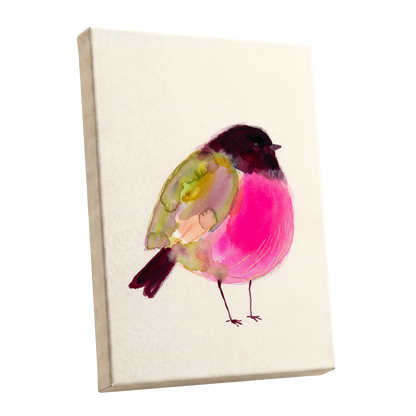 Fuchsia Garden Bird, pink, purple, green nature wall art shown as a stretched canvas wall art