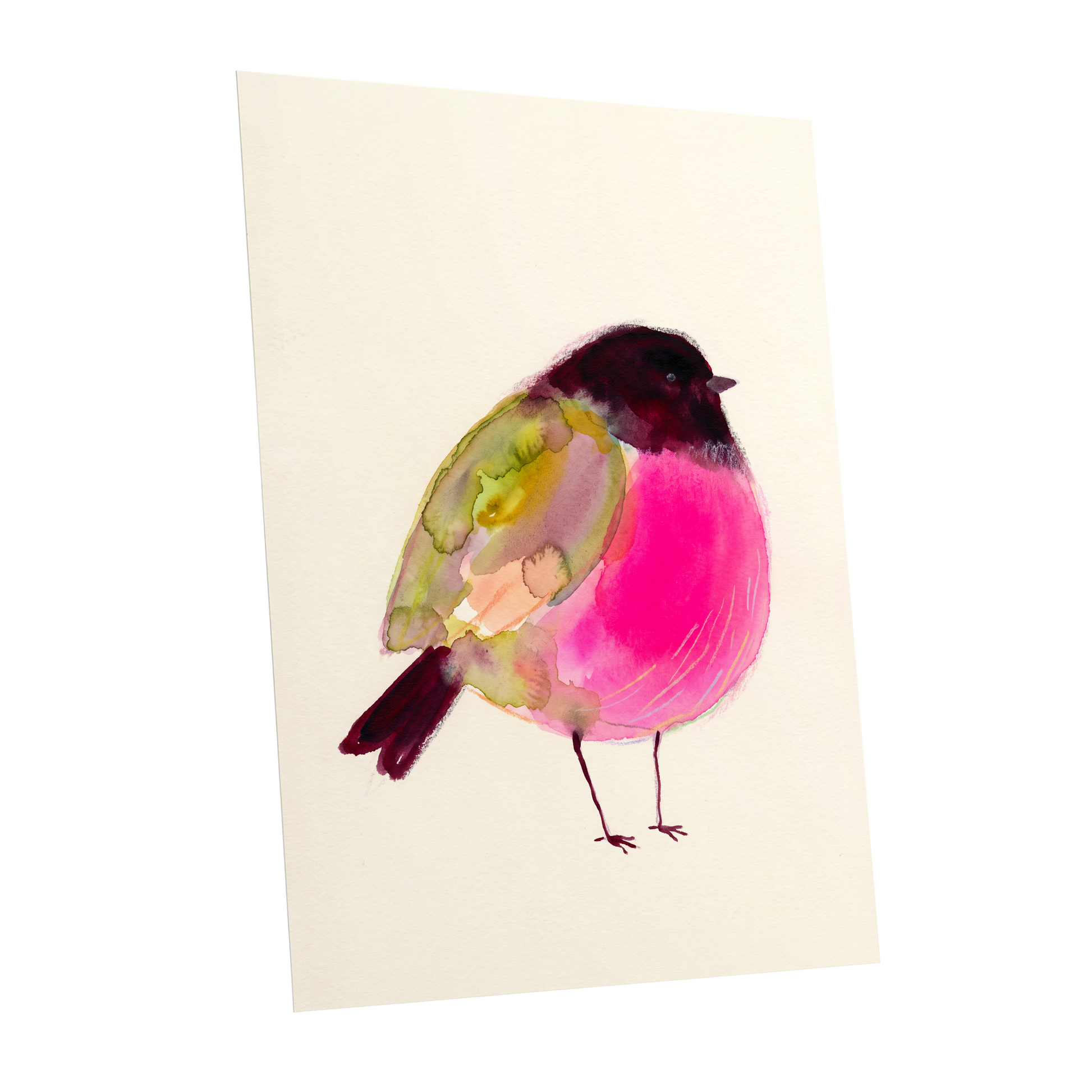 Fuchsia Garden Bird, pink, purple, green nature wall art shown as a unframed poster wall art print