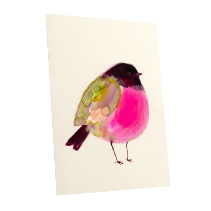 Fuchsia Garden Bird, pink, purple, green nature wall art shown as a unframed poster wall art print