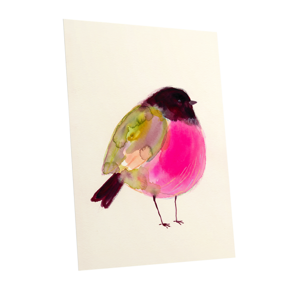 Fuchsia Garden Bird, pink, purple, green nature wall art shown as a unframed poster wall art print