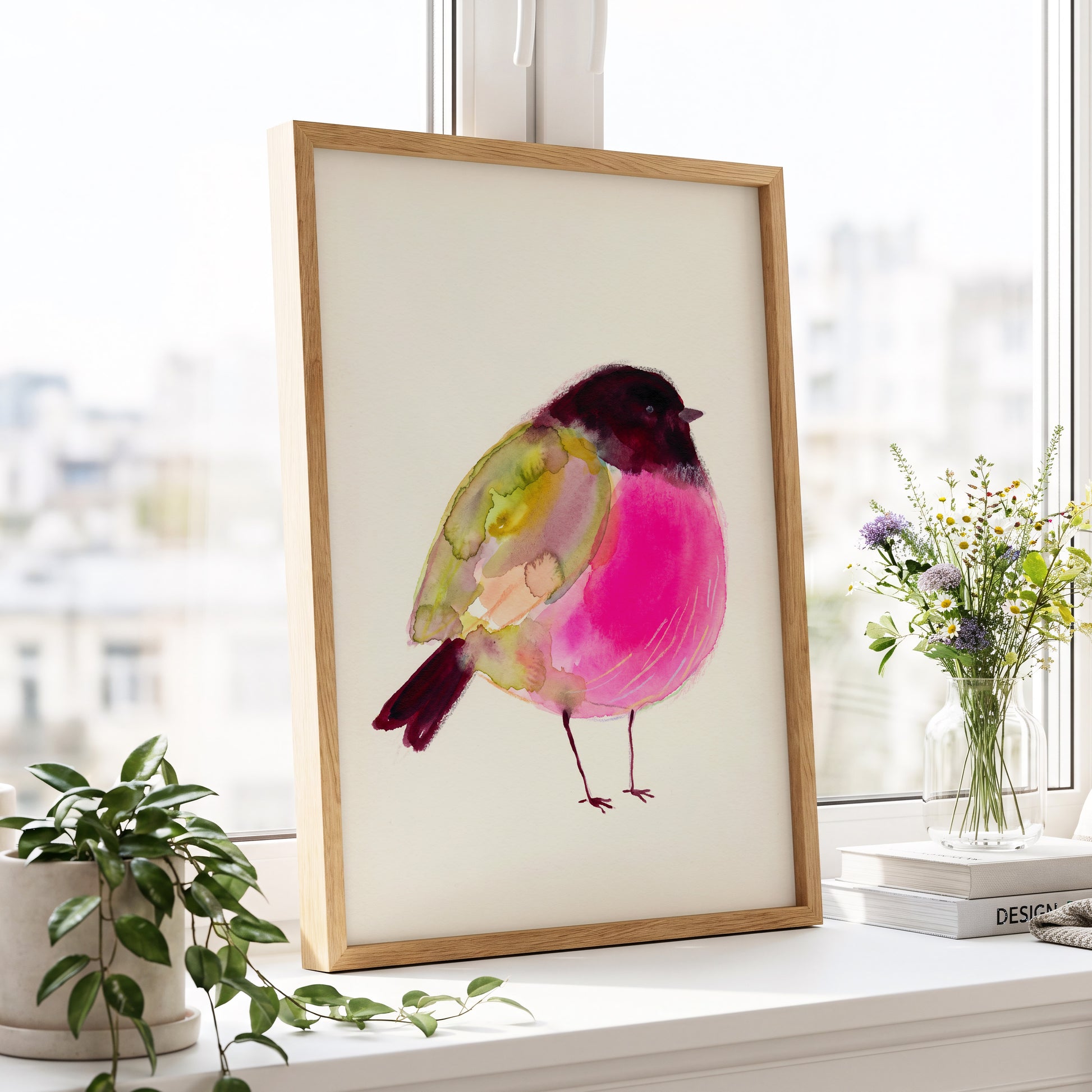 Fuchsia Garden Bird, pink, purple, green nature wall art displayed in a styled interior, gallery view 2