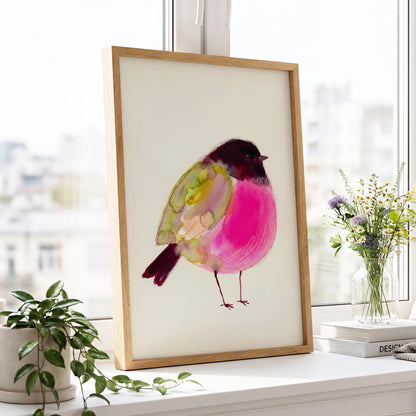 Fuchsia Garden Bird, pink, purple, green nature wall art displayed in a styled interior, gallery view 2