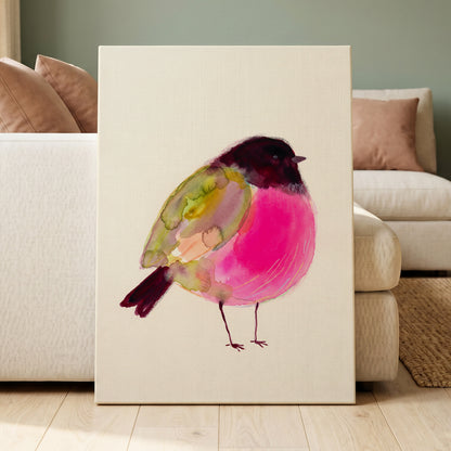 Fuchsia Garden Bird, pink, purple, green nature wall art displayed in a styled interior, gallery view 3