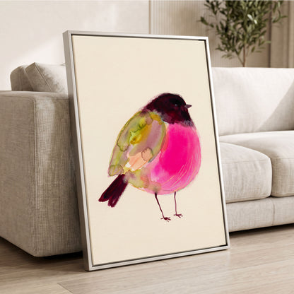 Fuchsia Garden Bird, pink, purple, green nature wall art displayed in a styled interior, gallery view 4