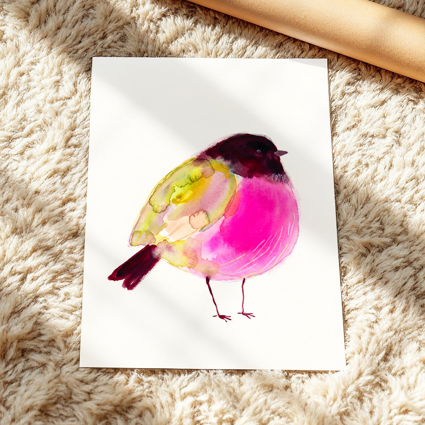 Fuchsia Garden Bird, pink, purple, green nature wall art displayed in a styled interior, gallery view 5