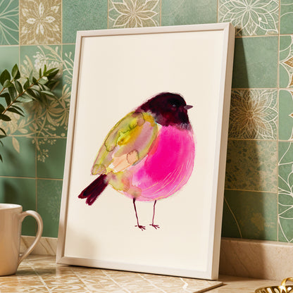 Fuchsia Garden Bird, pink, purple, green nature wall art displayed in a styled interior, gallery view 6