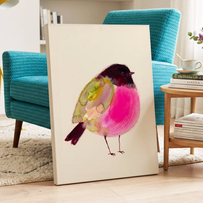 Fuchsia Garden Bird, pink, purple, green nature wall art displayed in a styled interior, gallery view 7