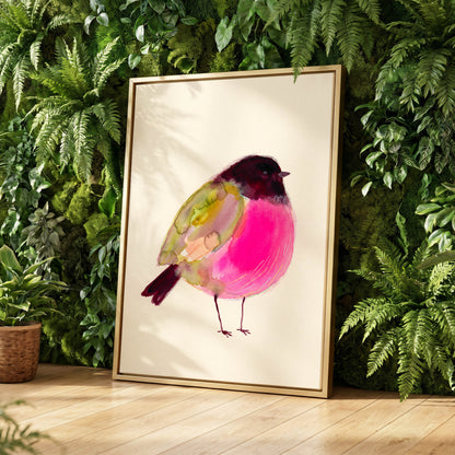 Fuchsia Garden Bird, pink, purple, green nature wall art displayed in a styled interior, gallery view 8