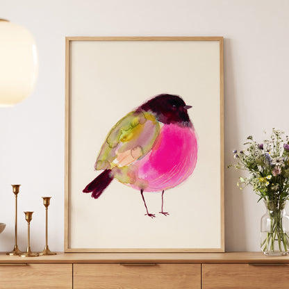 Fuchsia Garden Bird, pink, purple, green nature wall art displayed in a styled interior, gallery view 9