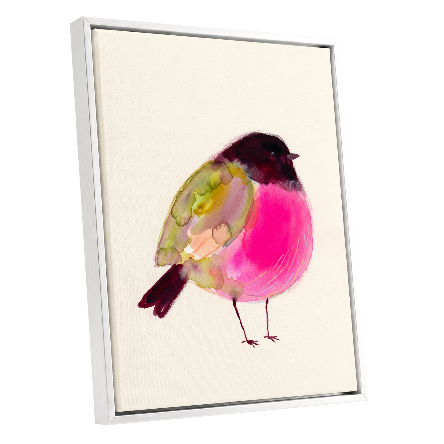 Fuchsia Garden Bird, pink, purple, green nature wall art shown as a white framed canvas wall art