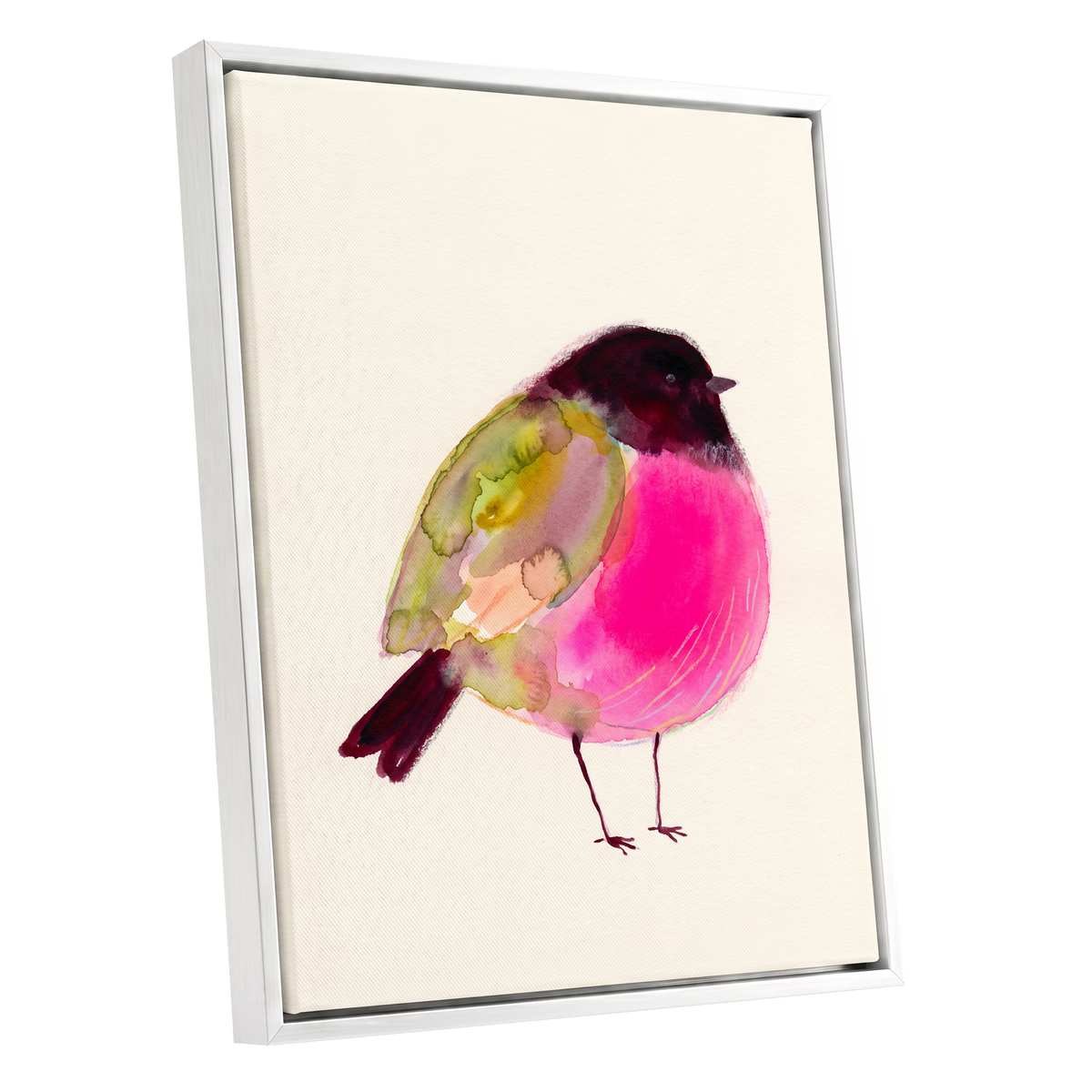 Fuchsia Garden Bird, pink, purple, green nature wall art shown as a white framed canvas wall art