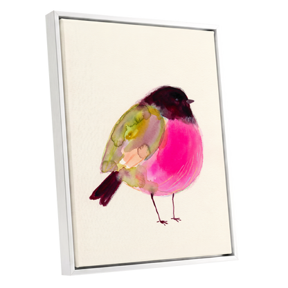 Fuchsia Garden Bird, pink, purple, green nature wall art shown as a white framed canvas wall art