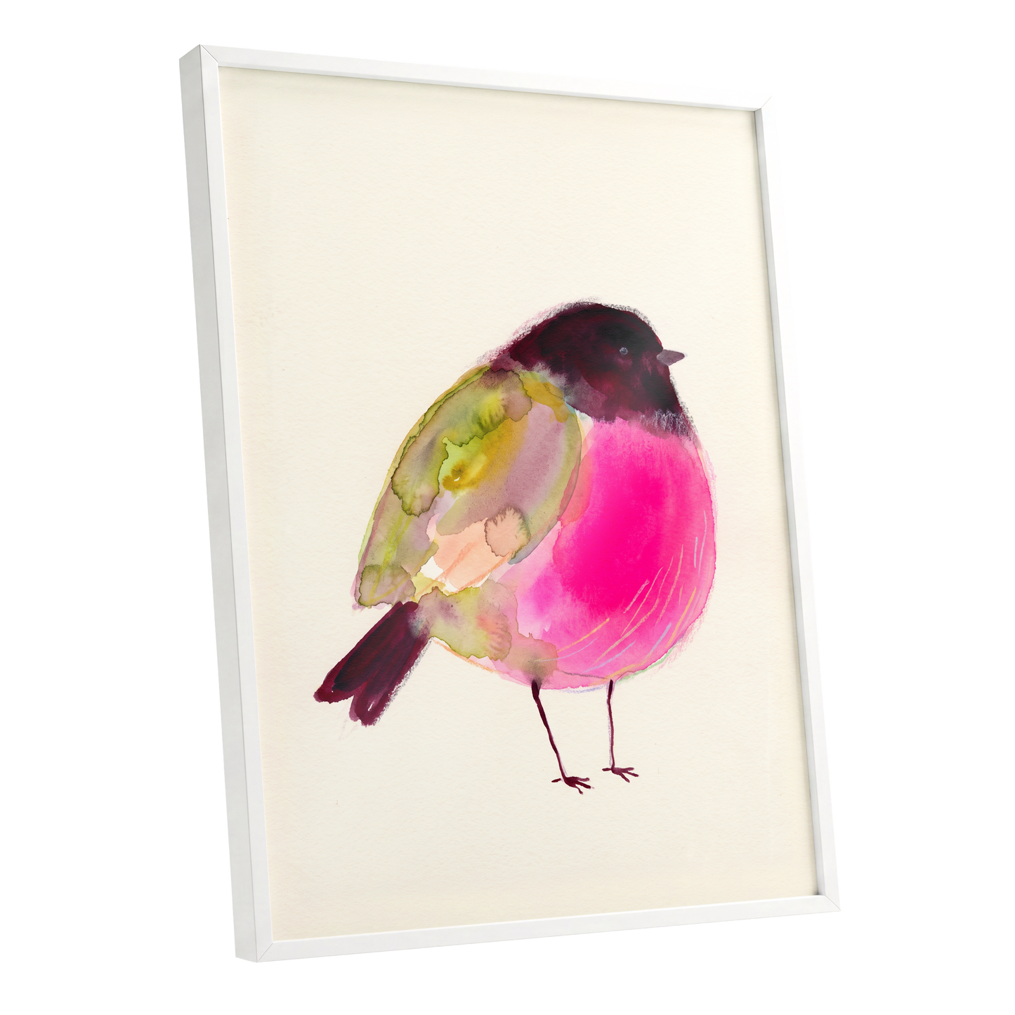 Fuchsia Garden Bird, pink, purple, green nature wall art shown as a white framed poster wall art print