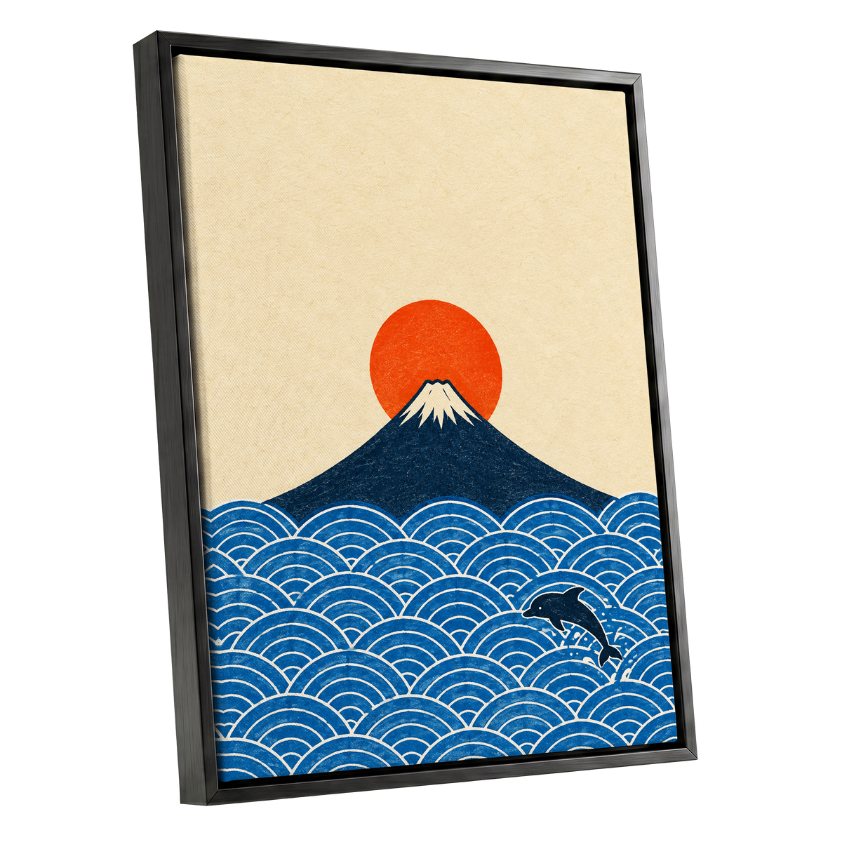 Fuji and the Leaping Dolphin, beige, blue, orange nature wall art shown as a black framed canvas wall art
