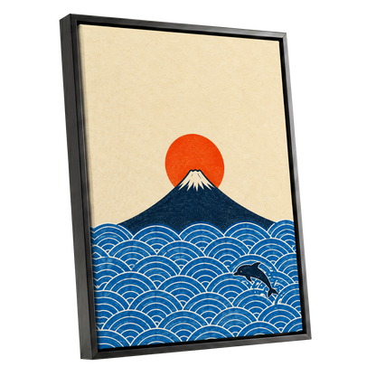 Fuji and the Leaping Dolphin, beige, blue, orange nature wall art shown as a black framed canvas wall art