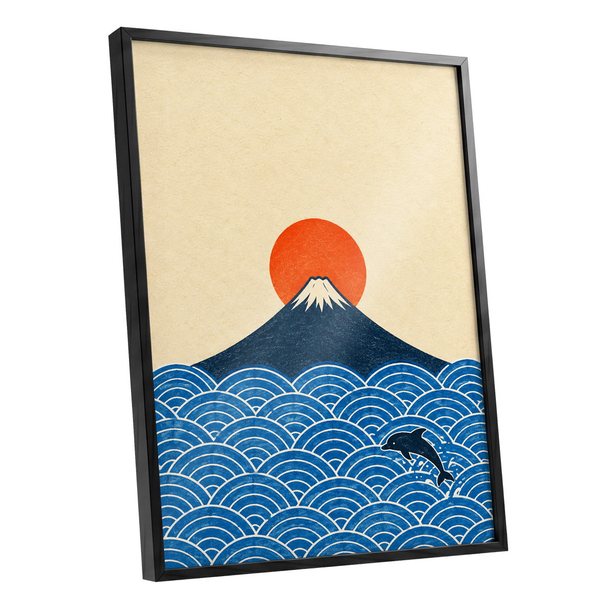 Fuji and the Leaping Dolphin, beige, blue, orange nature wall art shown as a black framed poster wall art print