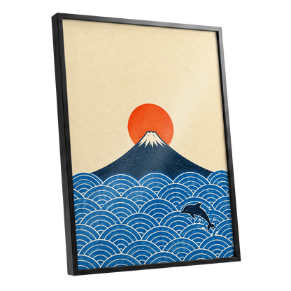 Fuji and the Leaping Dolphin, beige, blue, orange nature wall art shown as a black framed poster wall art print