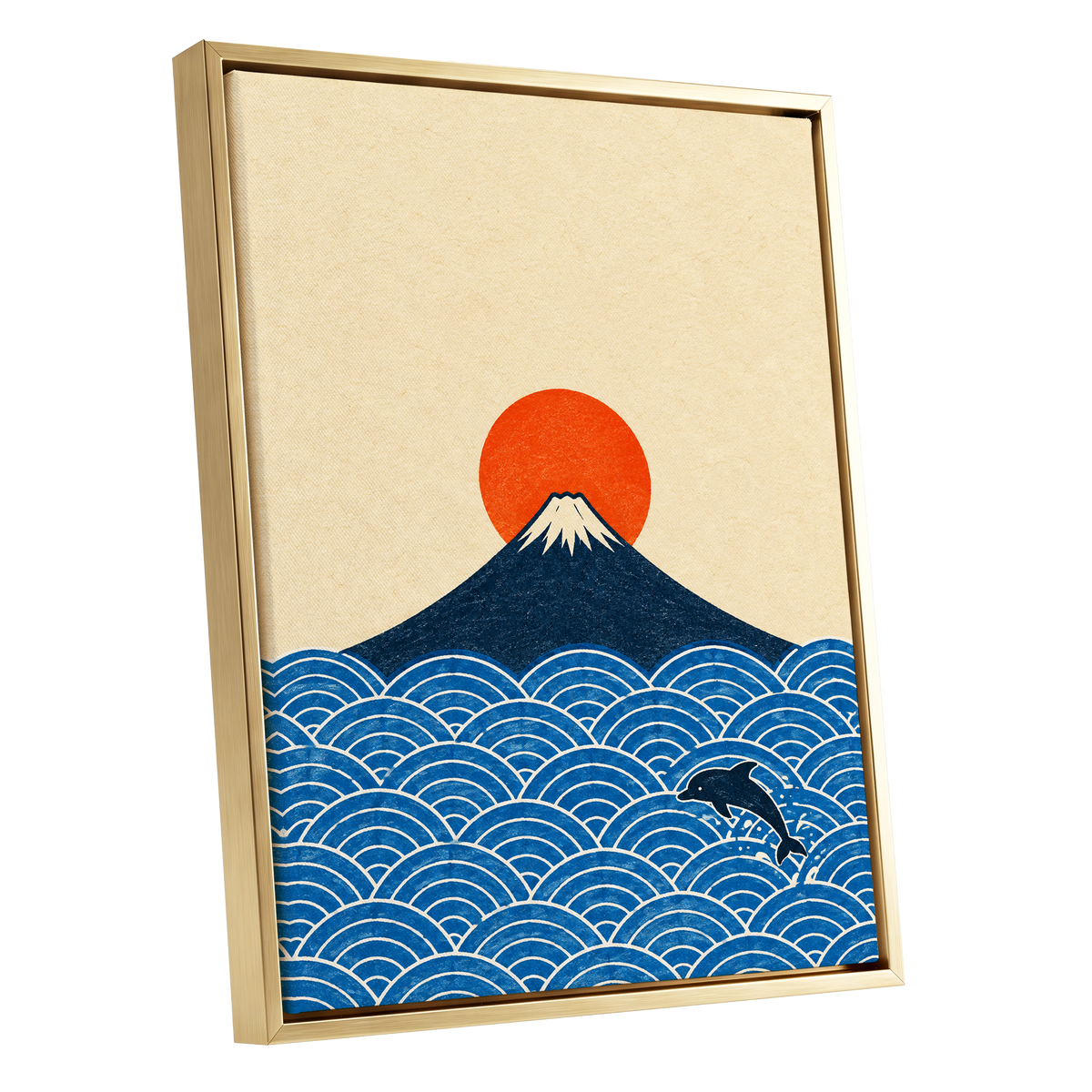 Fuji and the Leaping Dolphin, beige, blue, orange nature wall art shown as a gold framed canvas wall art