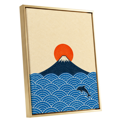 Fuji and the Leaping Dolphin, beige, blue, orange nature wall art shown as a gold framed canvas wall art