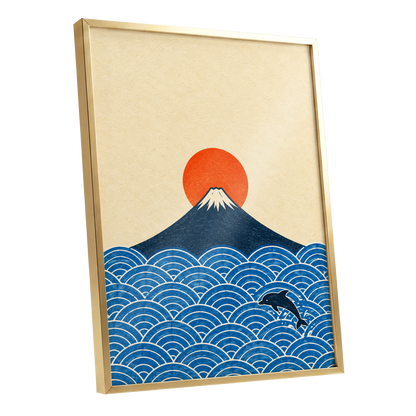 Fuji and the Leaping Dolphin, beige, blue, orange nature wall art shown as a gold framed poster wall art print