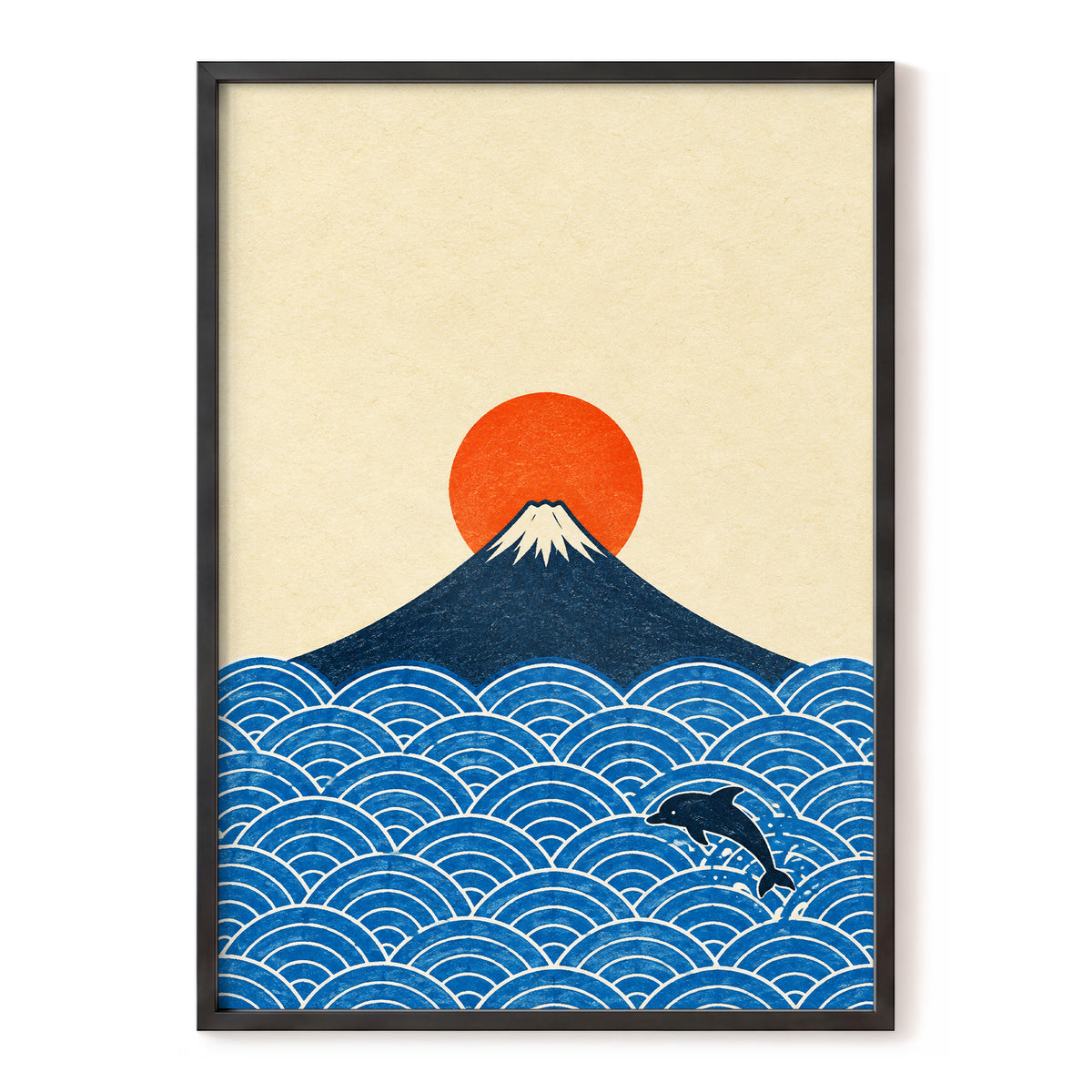 Fuji and the Leaping Dolphin, beige, blue, orange nature wall art, front artwork view
