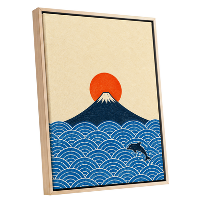 Fuji and the Leaping Dolphin, beige, blue, orange nature wall art shown as a oak framed canvas wall art