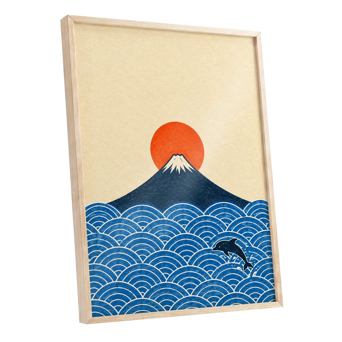 Fuji and the Leaping Dolphin, beige, blue, orange nature wall art shown as a oak framed poster wall art print