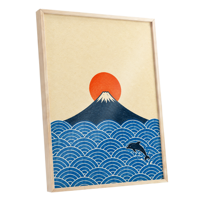 Fuji and the Leaping Dolphin, beige, blue, orange nature wall art shown as a oak framed poster wall art print