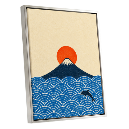 Fuji and the Leaping Dolphin, beige, blue, orange nature wall art shown as a silver framed canvas wall art