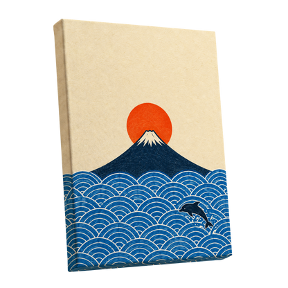 Fuji and the Leaping Dolphin, beige, blue, orange nature wall art shown as a stretched canvas wall art