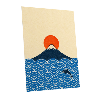 Fuji and the Leaping Dolphin, beige, blue, orange nature wall art shown as a unframed poster wall art print
