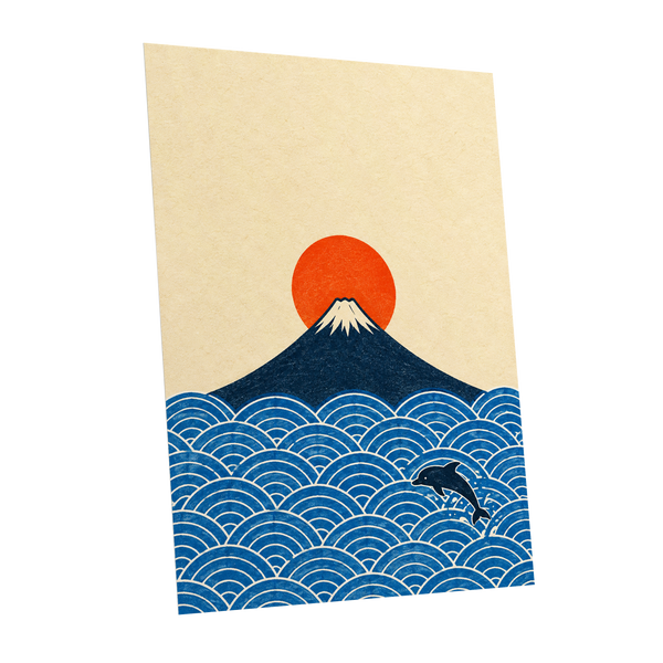 Fuji and the Leaping Dolphin, beige, blue, orange nature wall art shown as a unframed poster wall art print