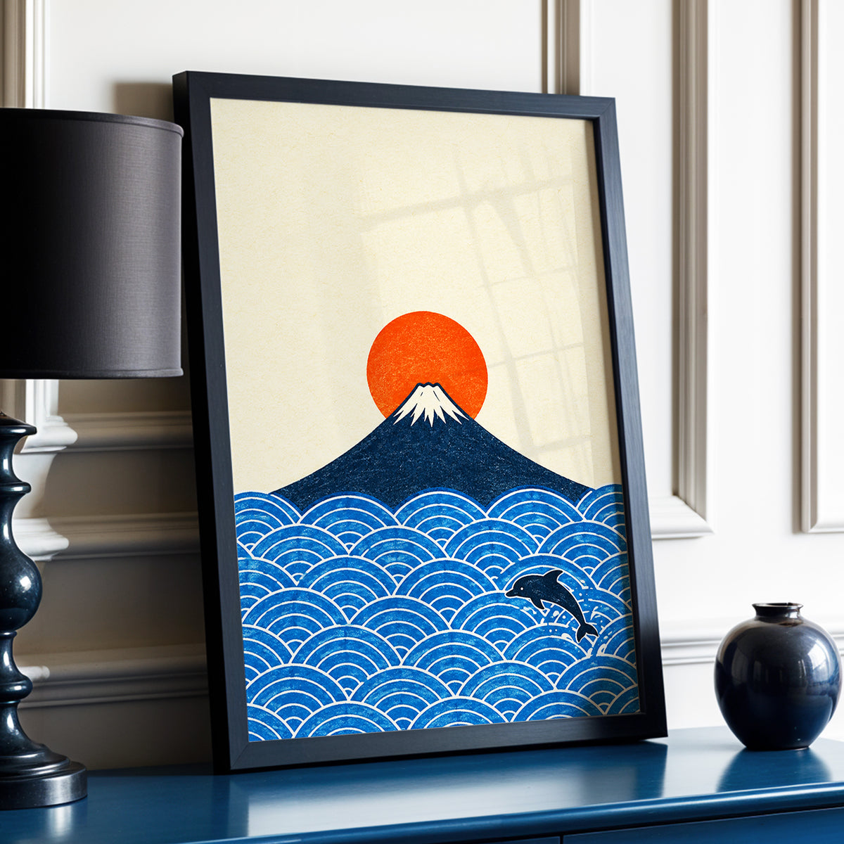 Fuji and the Leaping Dolphin, beige, blue, orange nature wall art displayed in a styled interior, gallery view 2
