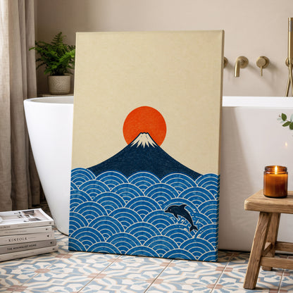 Fuji and the Leaping Dolphin, beige, blue, orange nature wall art displayed in a styled interior, gallery view 3