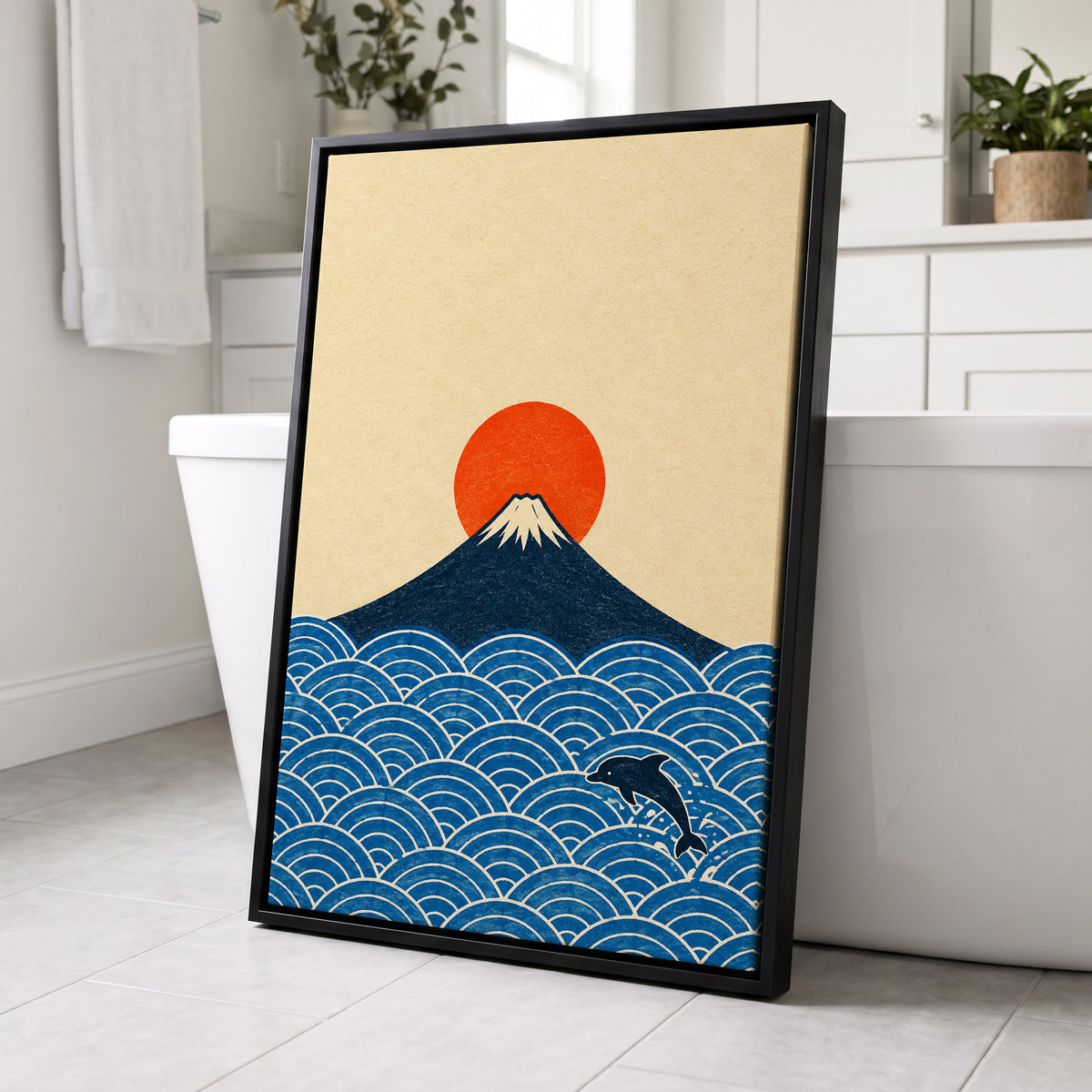 Fuji and the Leaping Dolphin, beige, blue, orange nature wall art displayed in a styled interior, gallery view 4