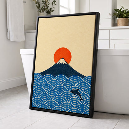 Fuji and the Leaping Dolphin, beige, blue, orange nature wall art displayed in a styled interior, gallery view 4
