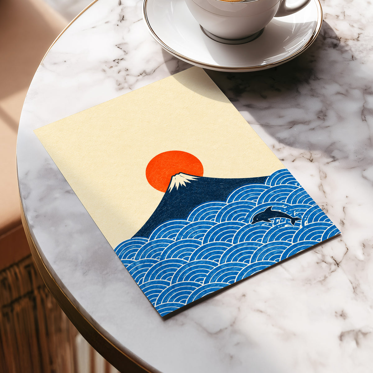 Fuji and the Leaping Dolphin, beige, blue, orange nature wall art displayed in a styled interior, gallery view 5