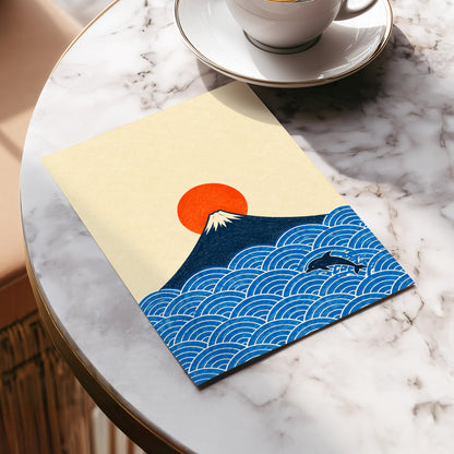 Fuji and the Leaping Dolphin, beige, blue, orange nature wall art displayed in a styled interior, gallery view 5