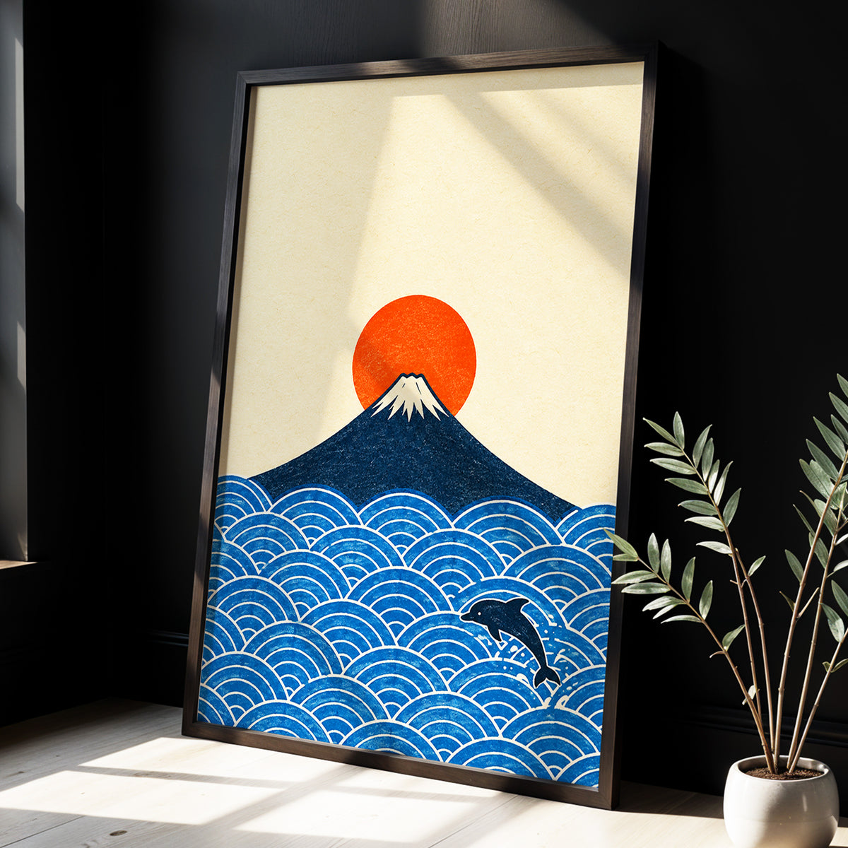 Fuji and the Leaping Dolphin, beige, blue, orange nature wall art displayed in a styled interior, gallery view 6